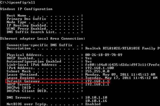 find router ip address default gateway